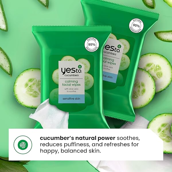 YES TO FACE WIPES FOR WOMEN AND MEN, SENSITIVE FACIAL CLEANSING WIPES FOR USE AS A MAKEUP REMOVER, CLEANING, SOOTHING, CUCUMBERS (PACK OF 3)