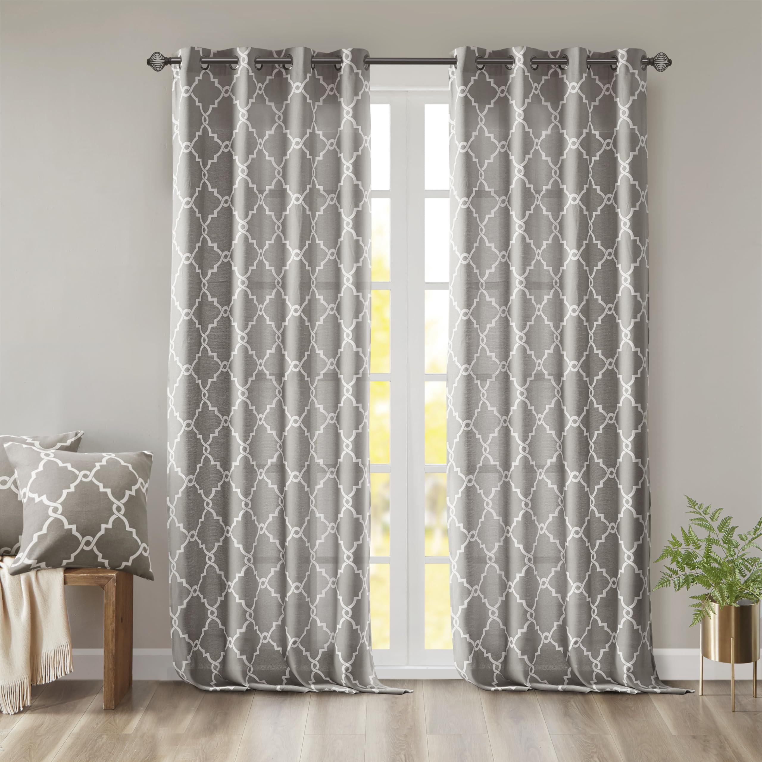 Madison Park Saratoga Single Window Curtain Light Filtering Fretwork Print 1 Panel Grommet Top Drape/Valance for Living Room Bedroom and Dorm, 50x108, Grey/White — image 1