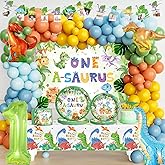 Hombae One a Saurus Dinosaur First Birthday Party Supplies - Dino Themed Backdrop, Balloon Banner, Tablecloth, Cake Topper, Plates, Napkins, Forks