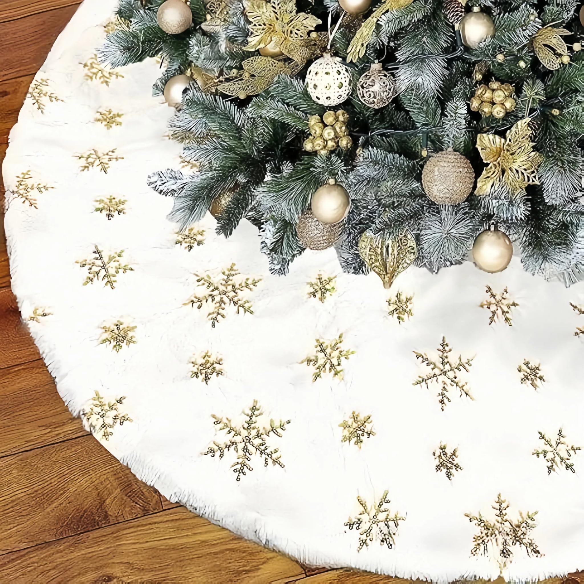 Veroda Christmas Tree Skirt White Plush Sequin Snowflake for Xmas Tree Holiday Party Decorations (90cm, Gold)