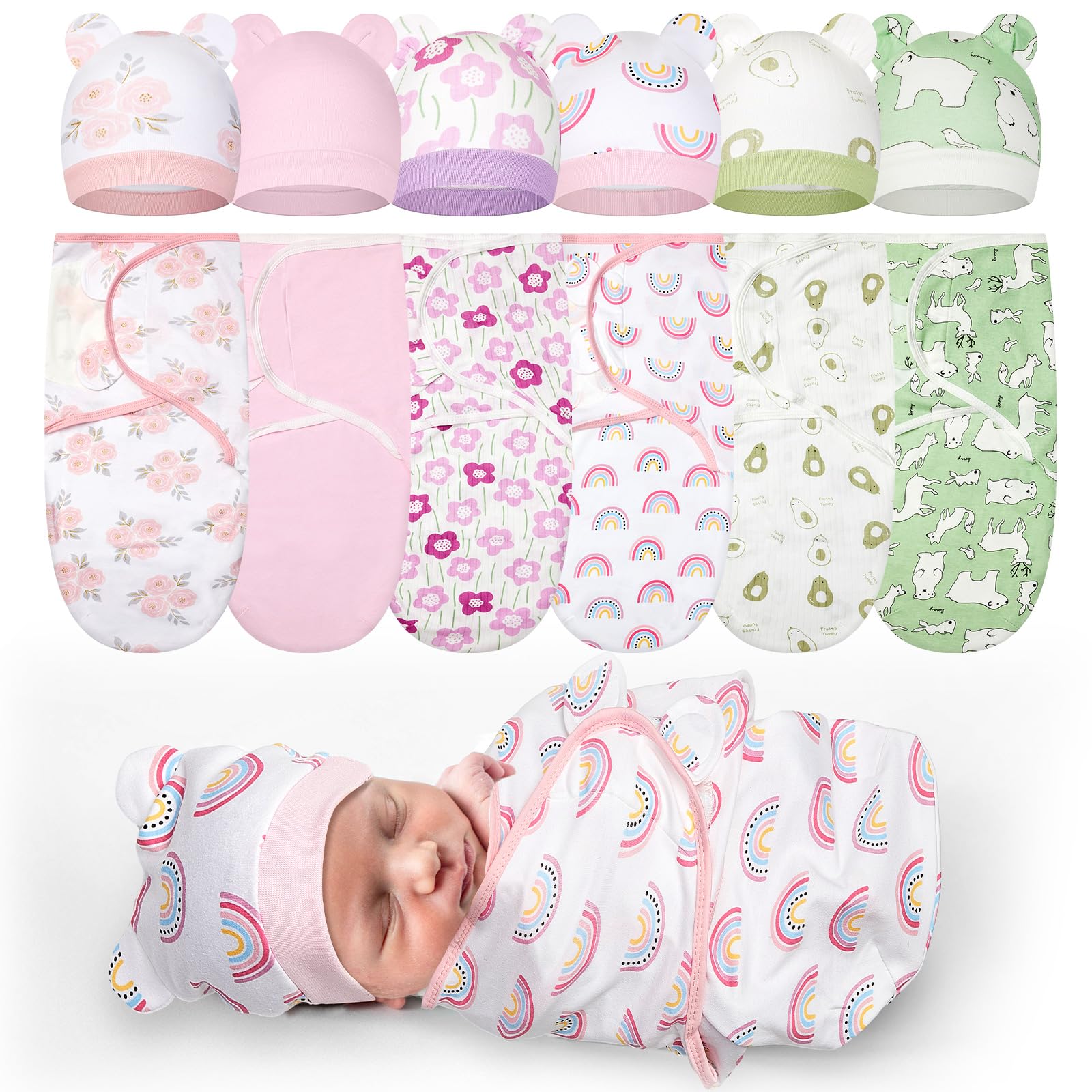Photo 1 of Ramede 6 Pack Preemie Swaddle Blanket with Hats Sleep Swaddle for Baby Boy Girl Preemie Newborn Sacks Soft Cotton Wearable(Flower,Pink and Green)