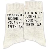 ATOERNCSO Witty Dental-Themed Socks - &lsquo;I&rsquo;m Silently Judging Your Teeth&rsquo; Gift.
