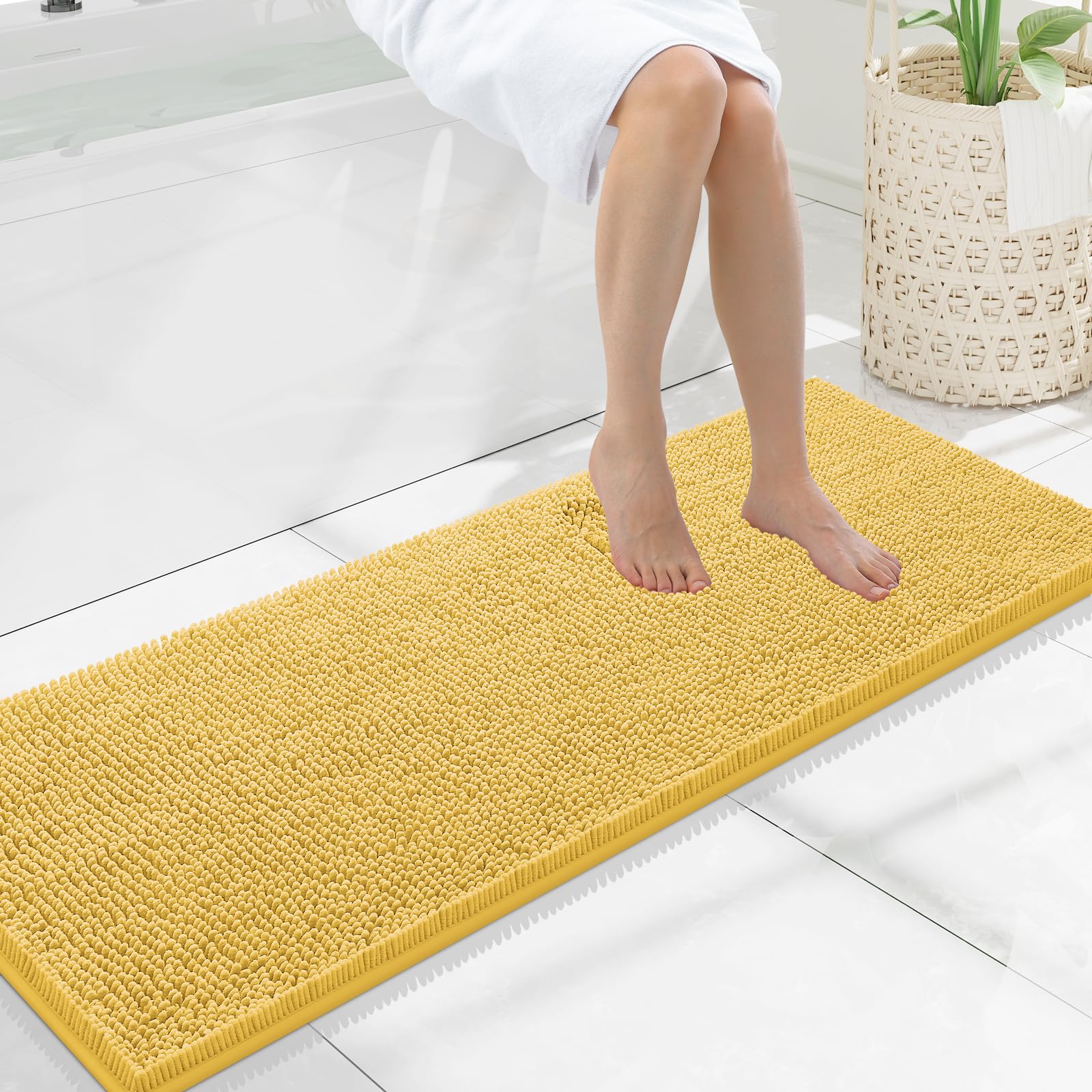 Photo 1 of Smiry Luxury Chenille Bathroom Rugs 47x17, Extra Soft and Absorbent Shaggy Bath Mat, Machine Washable, Non-Slip Plush Carpet Runner for Tub, Shower, and Floor, Home Decor Accessories, Yellow