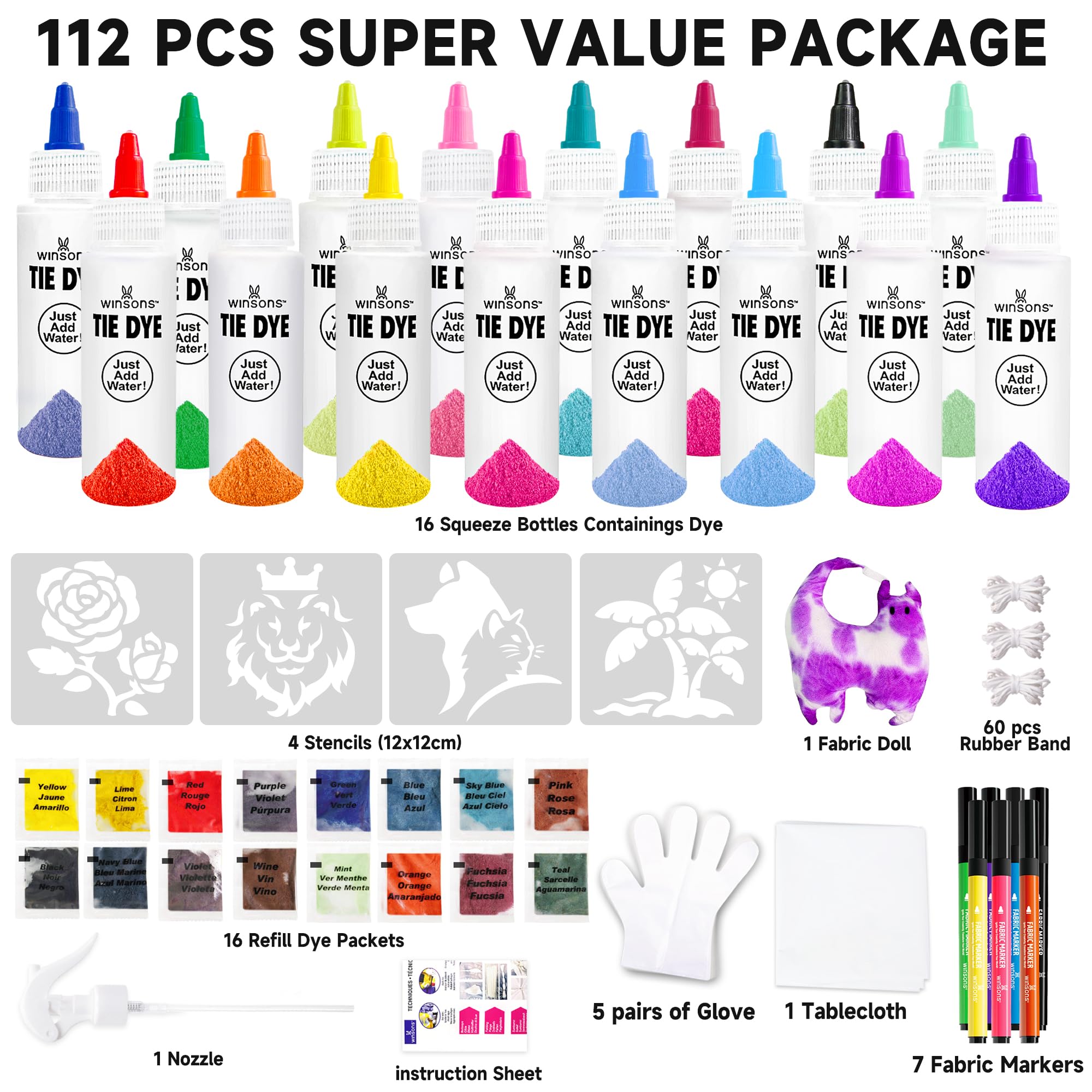 16-Color Tie Dye Kit for Kids & Adults – Includes Fabric Markers, Pre-Filled Dye Bottles, Refills, Stencils, Mini Doll & Nozzle – Non Toxic Permanent Fabric Dye Art Set, Easy DIY Art - Create Fun