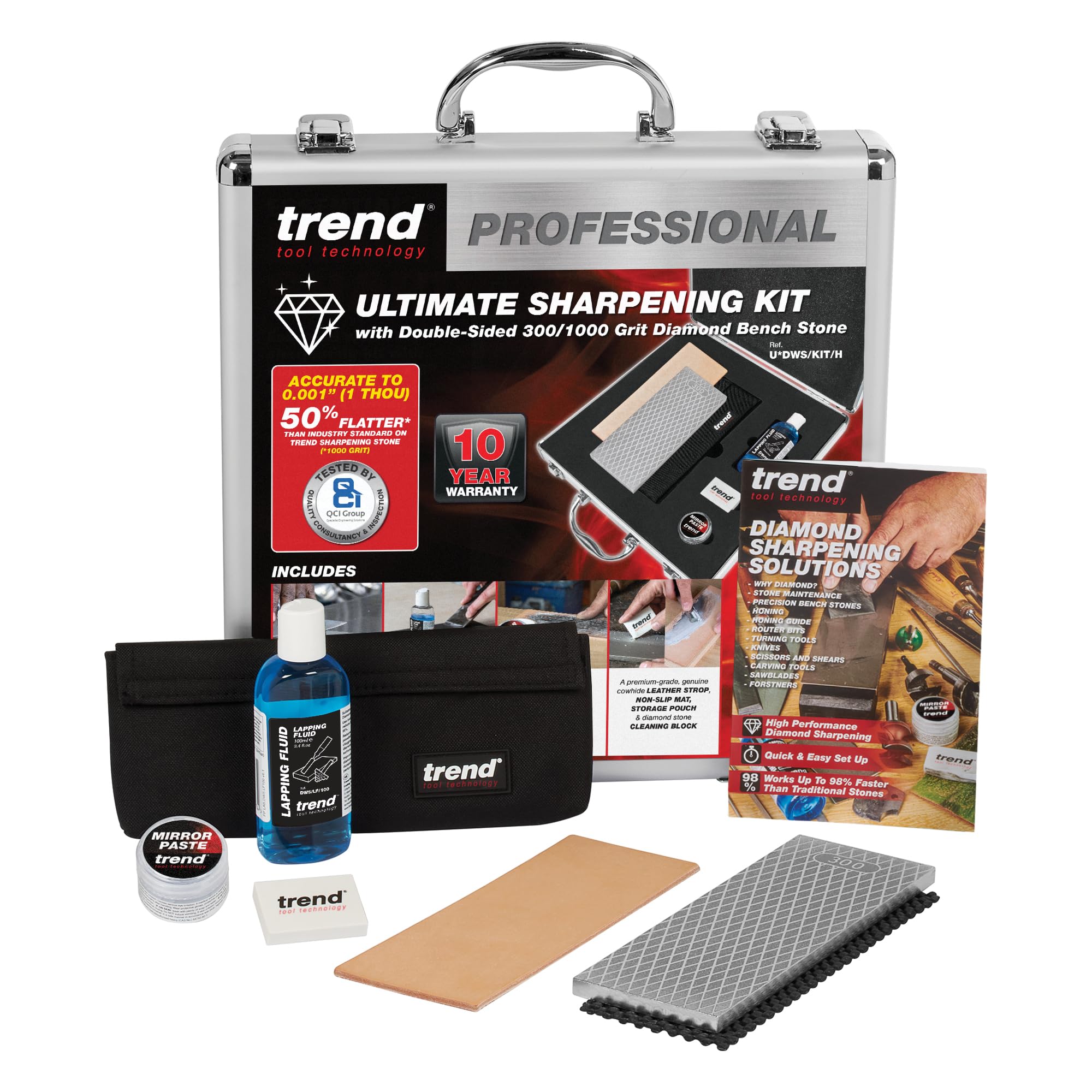 Photo 1 of Trend Essential Diamond Sharpening Kit with 300/1000 Grit Bench Stone, Lapping Fluid, Leather Strop, Honing Paste, Cleaning Block & Sharpening Solutions Guide, DWS/KIT/H