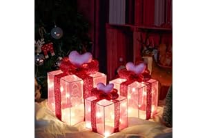 COVFEVER Pink Decorations Lighted Gift Boxes with Pink Cloth, Pre-lit Lights Gift Boxes Set of 3, Light up Present Boxes Set Battery Operated with Different Sizes for Holiday Indoor Decorations