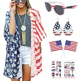 4th of July Women's American Flag Print Kimono Cover Up Cardigan with Accessories
