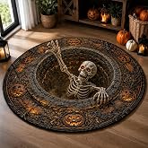 NAZENTI 3D Skeleton Optical Illusion Round Rug, Halloween Floor Mat, Spooky Pumpkin Hole Carpet, Scary Bottomless Pit Home Decor, Halloween Party Rug, Skeleton Vortex Rugs, Halloweens Decorations