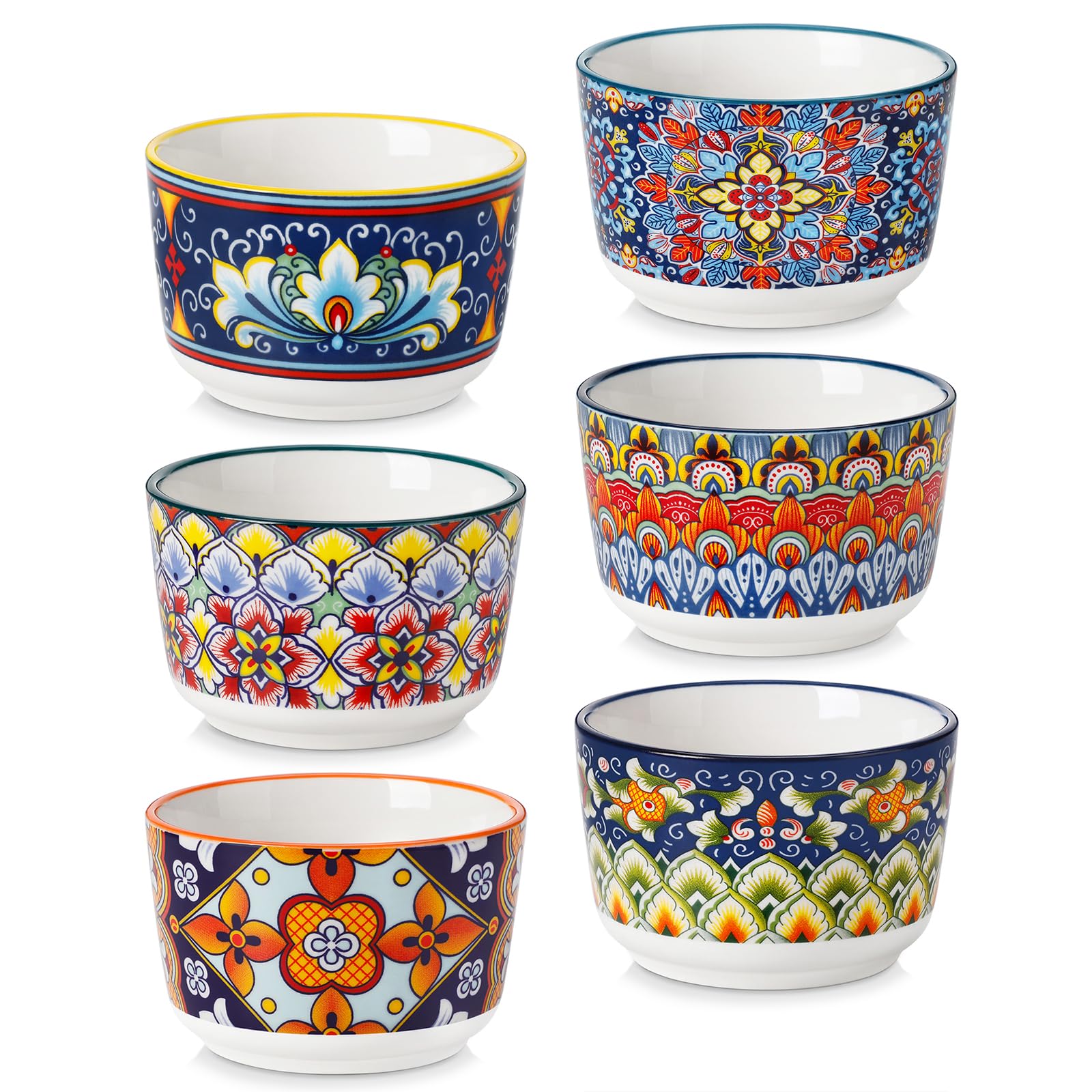 Photo 1 of vancasso 6 Oz Ramekins Oven Safe Set of 6, Bohemian Creme Brulee Ramekins, Colorful Souffle Dishes, Pudding Custard Cups for Baking, Small Ceramic Bowls for Dipping Sauce, Ice Cream
