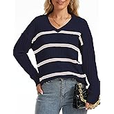LUXEBOLD Women's V Neck Sweaters Casual Long Sleeve Knitted Pullover Tops Striped Light Weight Shirts Fall Fashion Outfits
