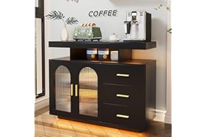 Sideboard Buffet Cabinets with Storage, Coffee Bar Table with 3 Drawers and Shelf, Kitchen Cupboard with RGB Light and Human 