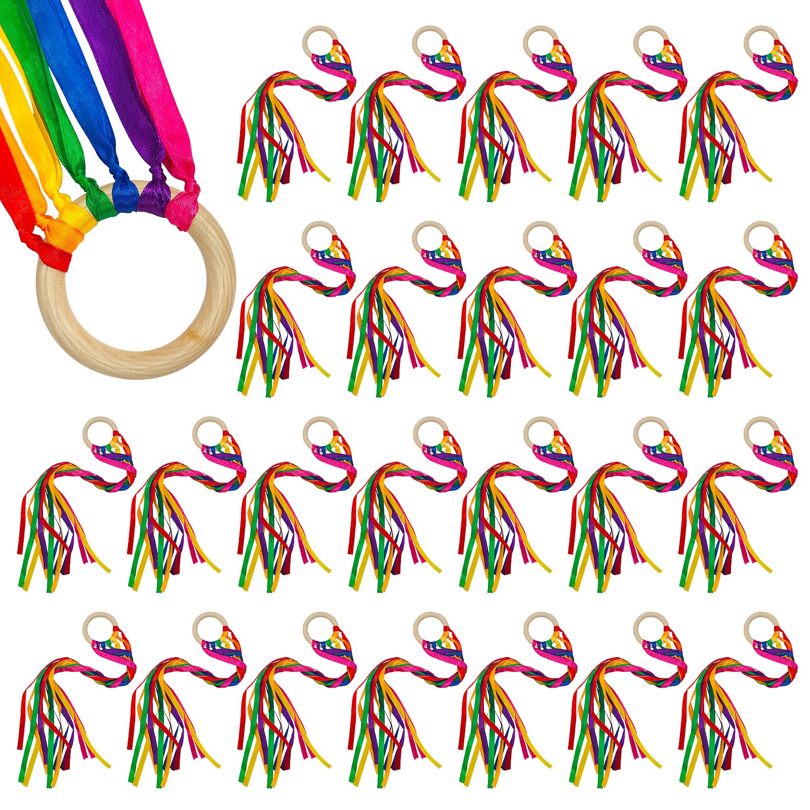 Photo 1 of 24Pcs Rainbow Ribbon Streamers Waldorf Toys Creative Waldorf Hand Kite Set Streamers with Wood Ring Sensory Learning Educational Toy for Playroom Dancing Birthday (Rainbow Colors)