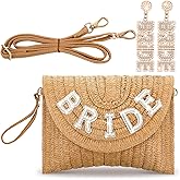 Silkfly Bride Straw Shoulder Bag Beach Purses with Rhinestone Bride Earrings Crossbody Woven Summer Bag Envelope Straw Handbag for Gifts Bridal Party