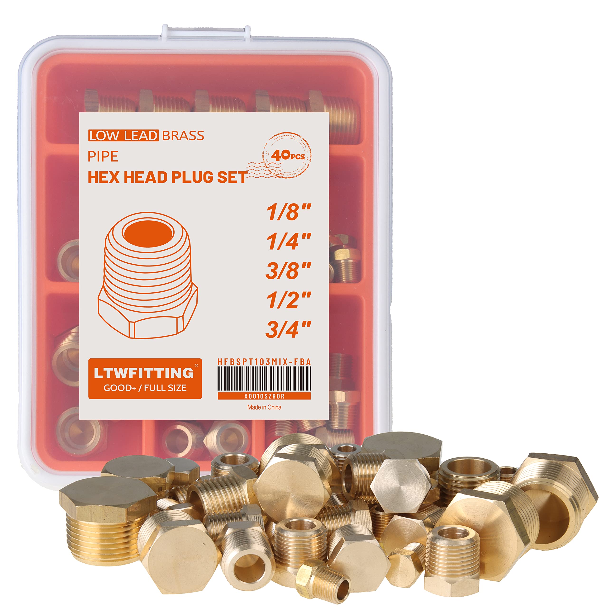 LTWFITTING Brass Pipe Hex Head Plug Set 1/8-Inch 1/4-Inch 3/8-Inch 1/2-Inch 3/4-Inch Male BSPT (Pack of 40)