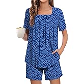 Tencede Womens 2 Piece Short Sleeve Pajama Sets Lounge Sleepwear Ladies Pjs Sets with Pockets S-2XL