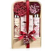 Spa Gift Set Bath &amp; Body Basket for Women &amp; Men, Cherry Blossom | Shower Gel, Body Lotion, Bath Salts, Body Scrub, Bath Bomb, Bath Puff