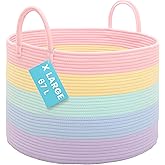 OrganiHaus Rainbow Blanket Basket for Classroom & Nursery, Extra Large Woven Laundry Basket W/Handles, Kids Toy Organizer & Storage, Soft Round Dog Toy Storage Bin, Cute Bin - 20"x13" in