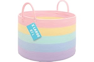 OrganiHaus Rainbow Blanket Basket for Classroom & Nursery, Extra Large Woven Laundry Basket W/Handles, Kids Toy Organizer & Storage, Soft Round Dog Toy Storage Bin, Cute Bin - 20"x13" in