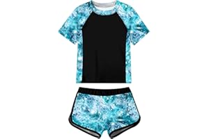 Idgreatim Girls Rashguard Swimsuit 2 Piece Short Sleeve Bathing Suit UPF 50+ Sun Proction Swimwear Size 8-16T