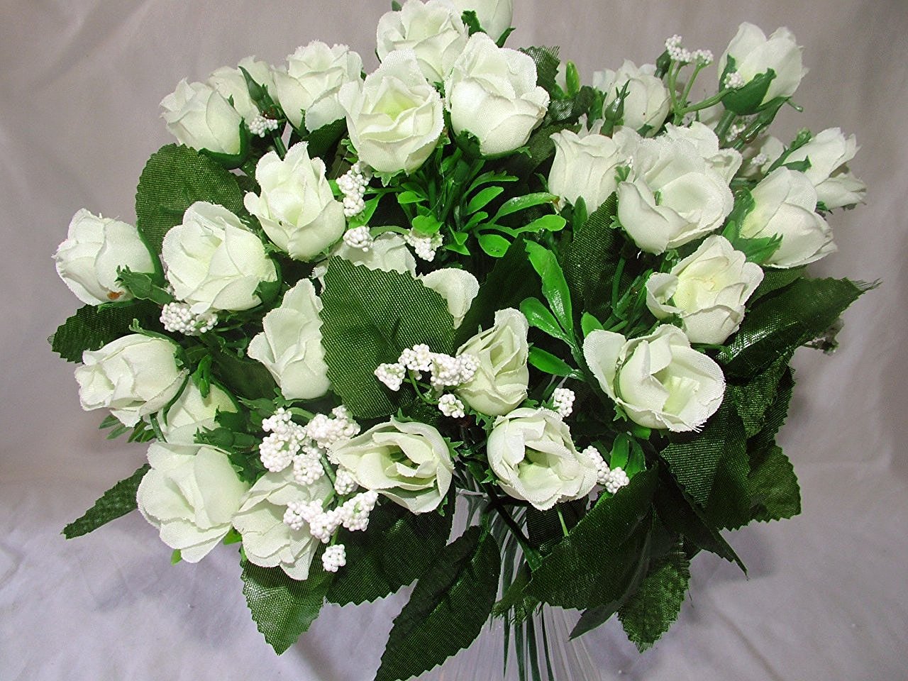 Luscious Artificial Silk Mini Rose bush - 60 Heads with Gyp - (White Rose)