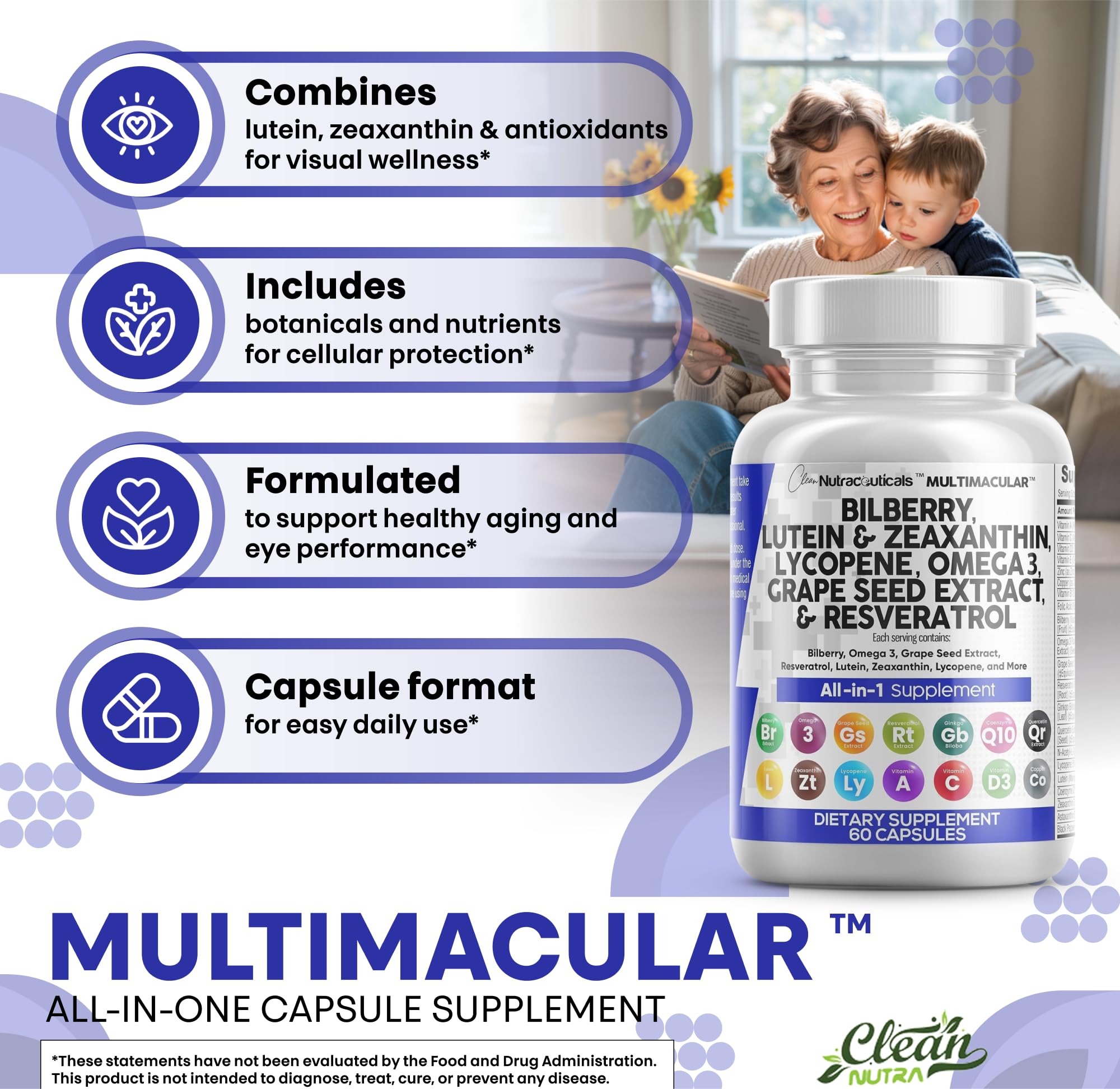 Clean Nutra Eye Vitamins with Bilberry Lutein and Zeaxanthin Supplements Lycopene 40mg Resveratrol Grape Seed Astaxanthin for Eyes - Eye Care Health Support Eye Vitamin and Mineral Supplement