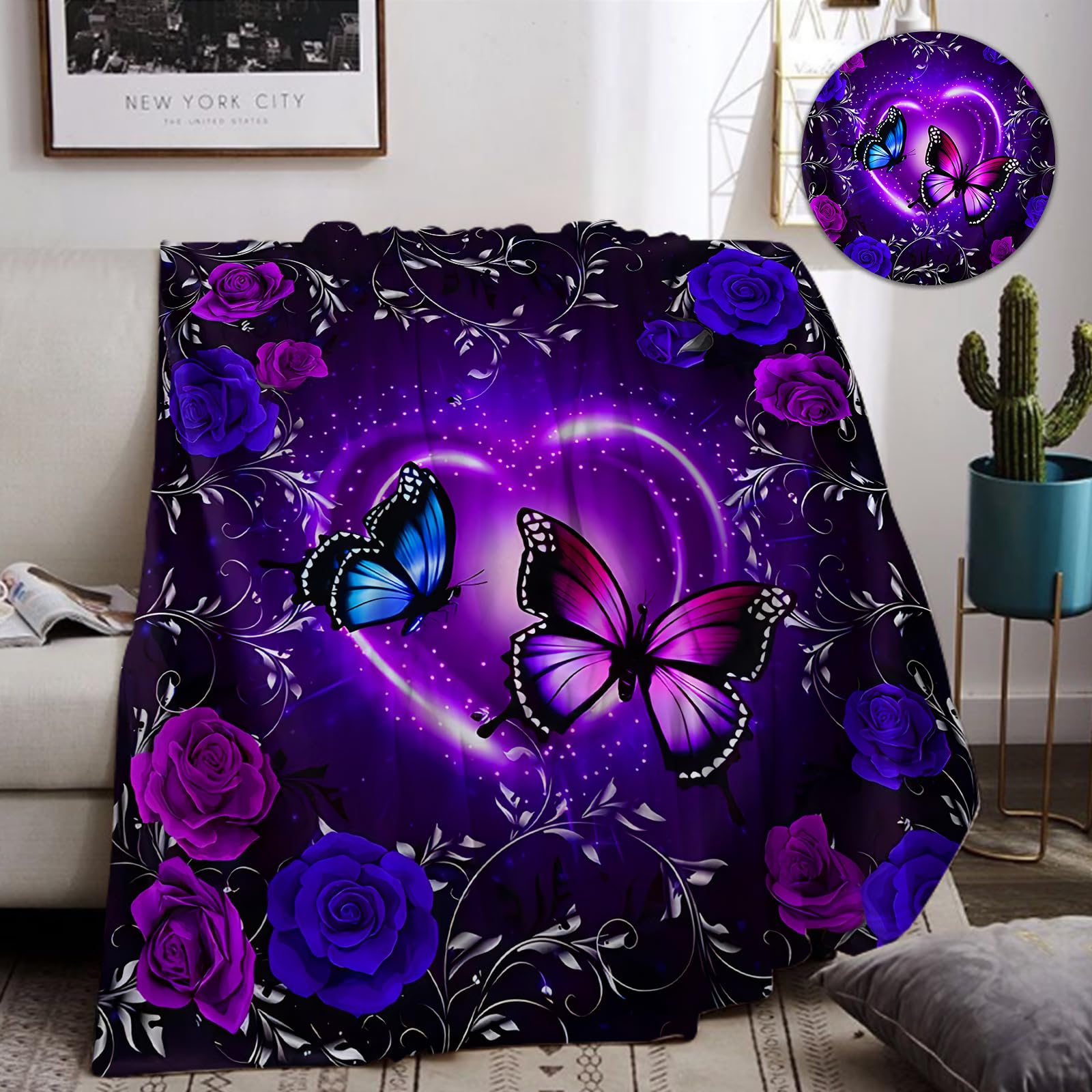 IUNTWEIE Cosy butterfly blanket,Soft pink purple flower flannel throw blankets Butterflies pattern blanket,purple butterfly Blankets for kids (A, 130x150cm)