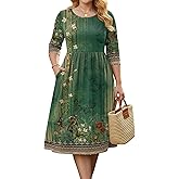 IN'VOLAND Women Plus Size 3/4 Sleeve Dresses Summer Casual Loose Flowy A-line Midi Dress with Pockets Vacation Boho Sundress
