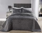 Quilted Plush Velvet Cross Stitch Bedspread + 2 Pillow Shams - Silver Grey view 2