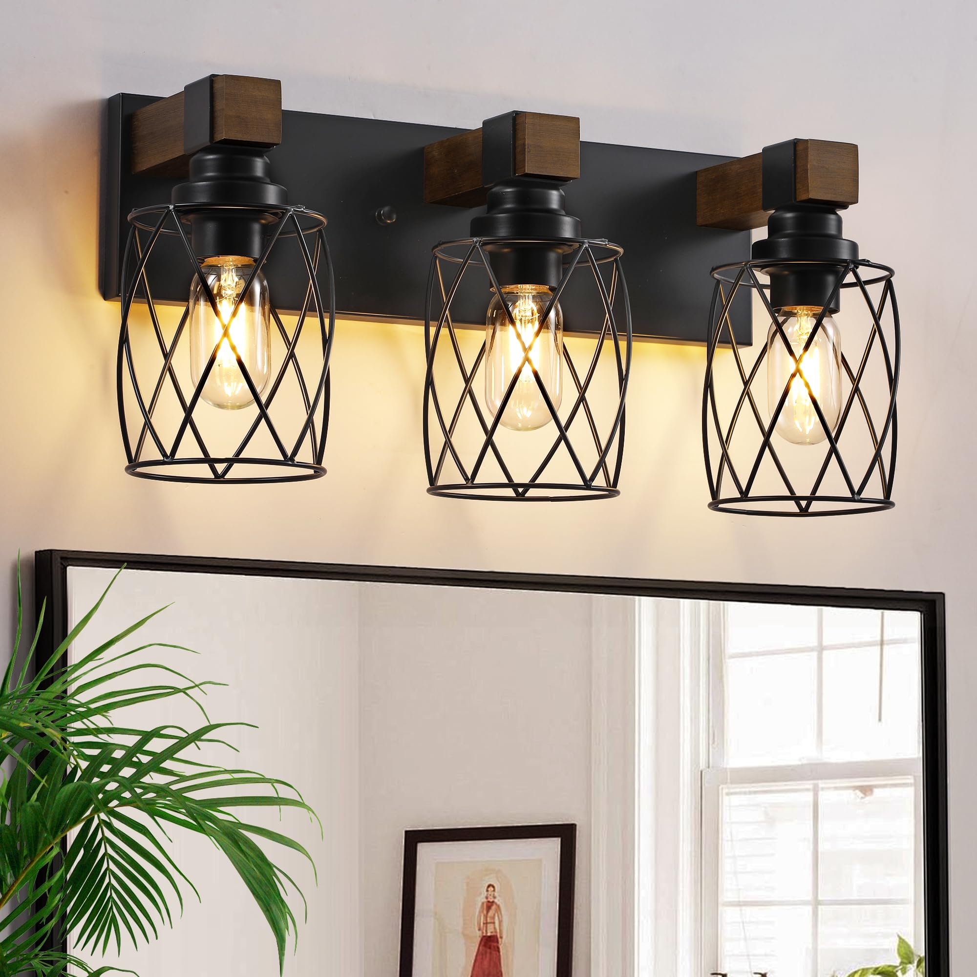 Photo 1 of XvmBvm Farmhouse Bathroom Vanity Light, 3-Light Wood Bathroom Light Fixtures Over Mirror, Black Industrial Vanity Lights with Metal Shade, Rustic Bathrooms Lighting for Living Room, Bedroom, Hallway