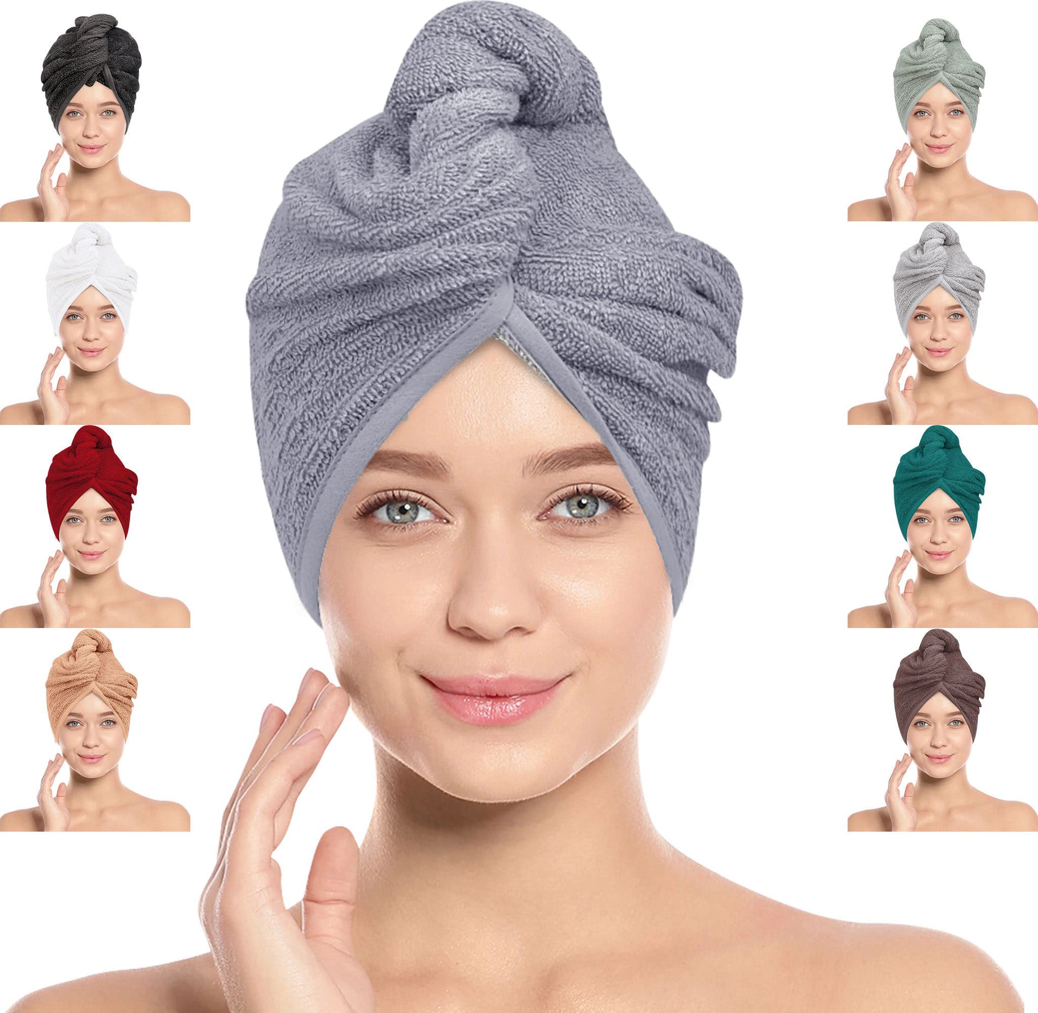 LOOMKNIT Hair Towel Wrap Lightweight Turban, Instant Drying 100% Cotton Hair Cap Super Quick Absorbent Anti-Frizz Twist Toweling Dry Hat with Button and Loop for Long Curly Hairs, 61 x 24CM