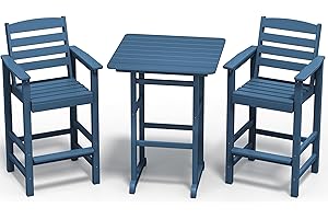 SERWALL Balcony Adirondack Chairs and Table 3 Pieces Set, Adirondack Bar Height Chairs Set of 2 and Bar Table, Outdoor Bar Stools Set for Bistro, Poolside, Backyard, Blue