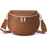 Trendy Woven Checkered Crossbody Bum Bag for Women，PU Leather Checkered Purse Fanny Packs Belt Bag (Woven Bum Bag - Brown Coffee)