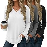 Velvelhall 3 Pack Women's Waffle Knit Tunic Tops for Leggings Long Sleeve V Neck Sweatshirts Curved Hem Shirts 2026 Trendy