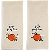 SKL Home Autumn/Fall Hello Pumpkin 100% Cotton Embroidered 2pc Hand Towel Set, Decorative for Bath/Kitchen/Bar & Gift, Natural