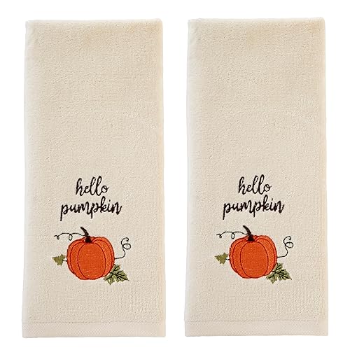 SKL Home Autumn/Fall Hello Pumpkin 100% Cotton Embroidered 2pc Hand Towel Set, Decorative for Bath/Kitchen/Bar & Gift, Natural