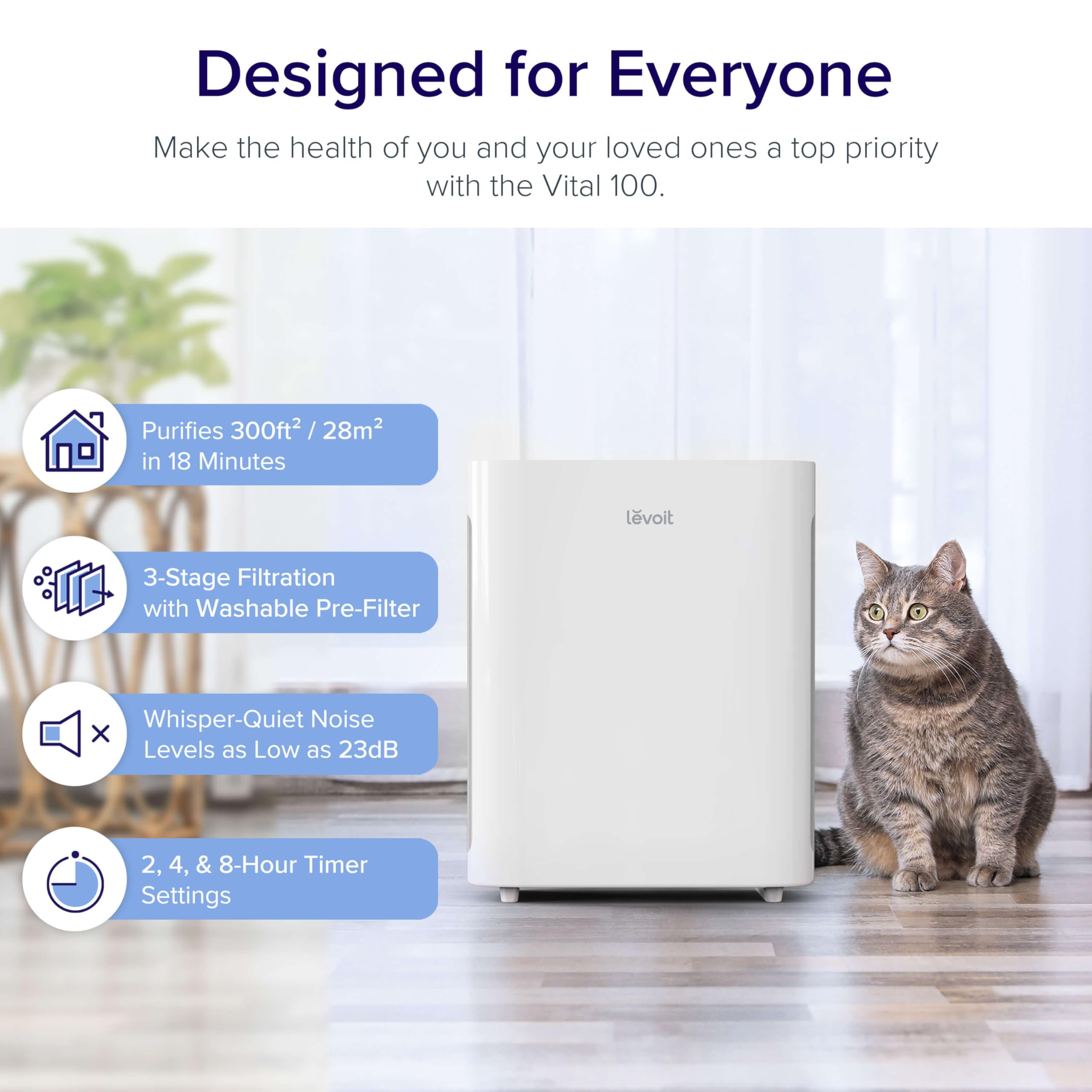 LEVOIT Air Purifiers for Home Large Room, Main Filter Cleaner with Washable Filter for Allergies, Smoke, Dust, Pollen, Quiet Odor Eliminators for Bedroom, Pet Hair Remover, Vital 100, White - Image 2