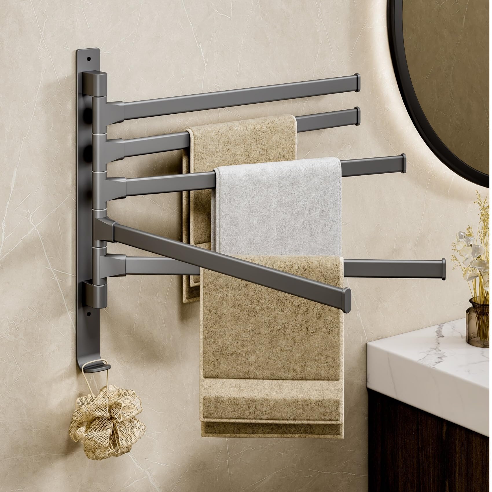 yozhch Swivel Towel Rail Wall Mounted, Bathroom Rotating Small Towel Rack, Lavatory Swing Hand Towel Holder Folding Bar, 5 Arm Length 32cm, Grey