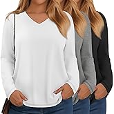 Velvelhall 3 Pack Women's Plus Size T-Shirt, Raglan Long Sleeve V Neck Tunic Tops Loose Fit Casual Basic Tee Shirt
