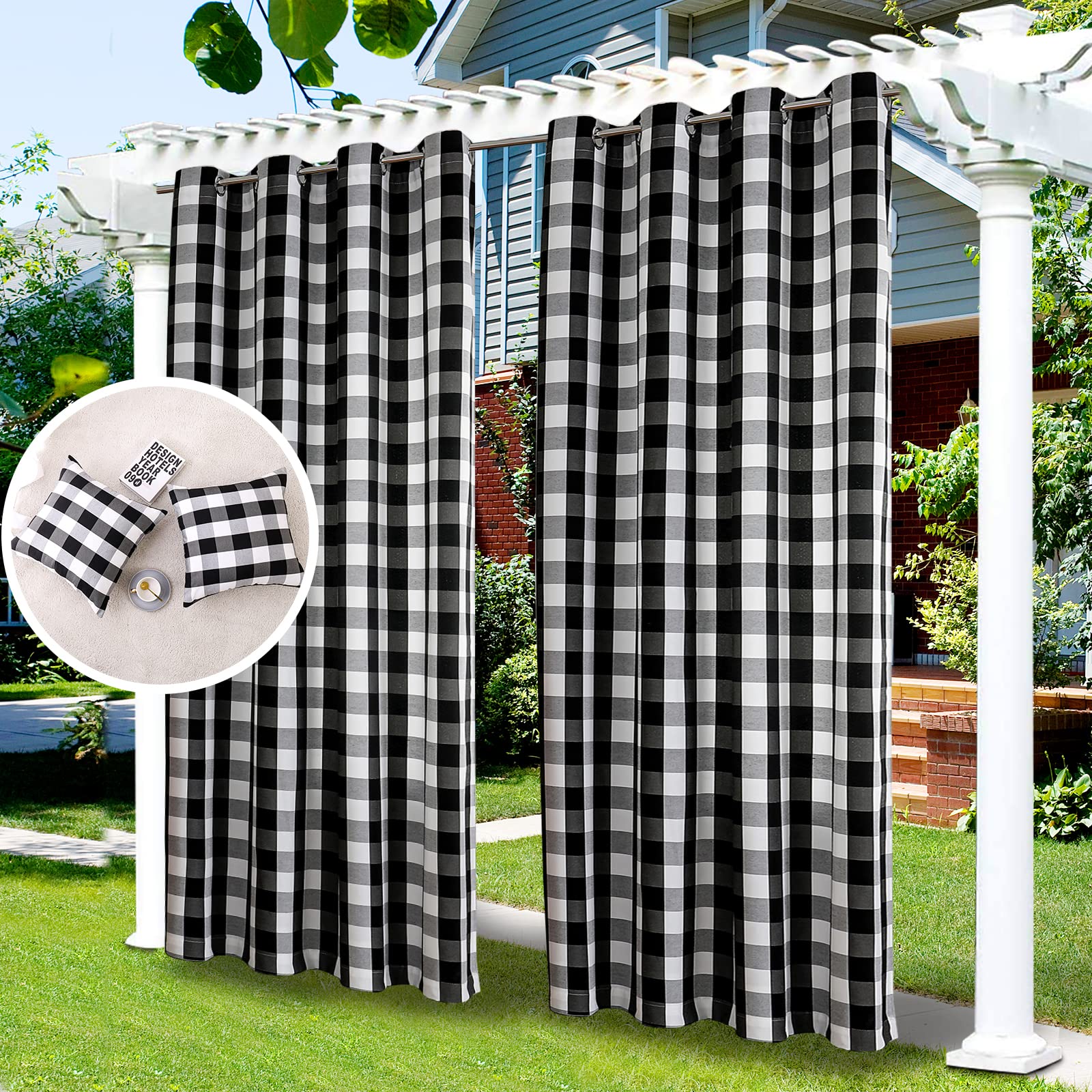 LiveGo Outdoor Patio Curtain, Blackout Waterproof Curtain, Thermal Insulated Outdoor Garden Curtain for Porch/Pergola/Yard/Sliding Door/Arbor (2 Panels+Pillowcases 52" W x 84" L, Black+White)