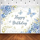 InMemory Blue Butterfly Happy Birthday Backdrop for Girls Fairy Princess Floral Flowers Gold Butterflies Wishes Party Decorations Banner Butterfly Kisses Photo Background 5x3ft