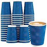 Lamosi 12 oz Insulated Coffee Cups Disposable - 50 Count Blue Paper Coffee Cups No Lids 12oz, Corrugated Ripple Wall Design for Hot Cold Drinks