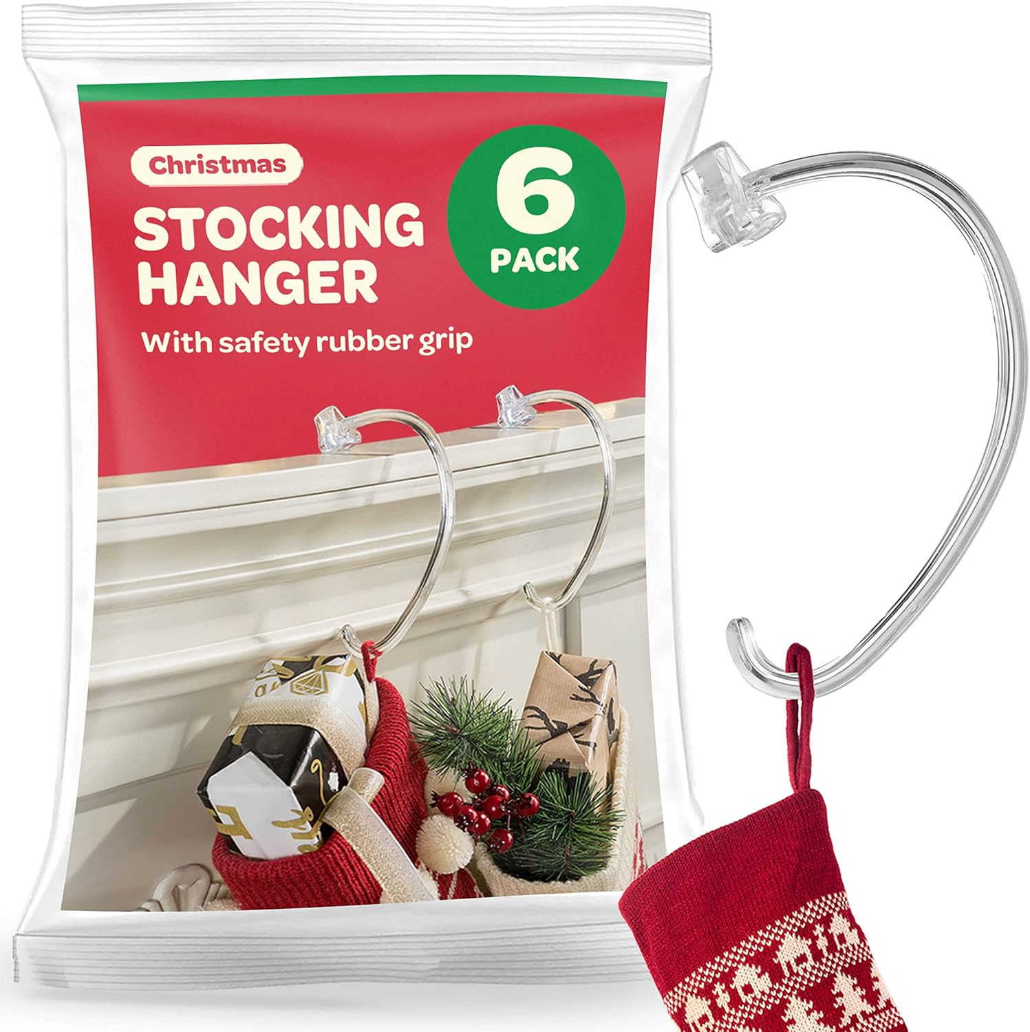 Stockings & Holders - Christmas Stocking Holders For Mantle - [Set of 6] Stocking Hangers For Mantel - Safety Grip Stocking Hangers For Fireplace, Mantle Stocking Hanger - Safety-Grip - Made in the USA - No Tools Required