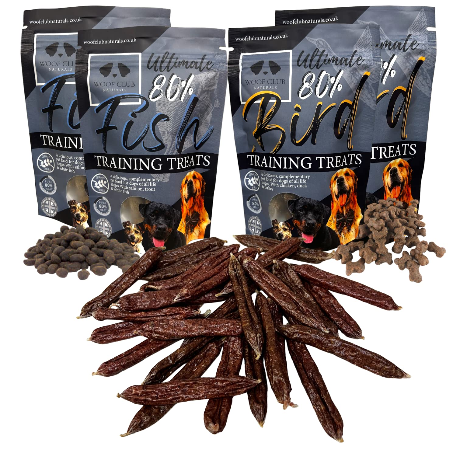 Woof Club Naturals Ultimate Grain Free Dog Training Treats, Low Fat, High Protein 80% Meat Content, No additives or Preservatives, Hypoallergenic, including 20 Chicken & Pork Signature Sausages
