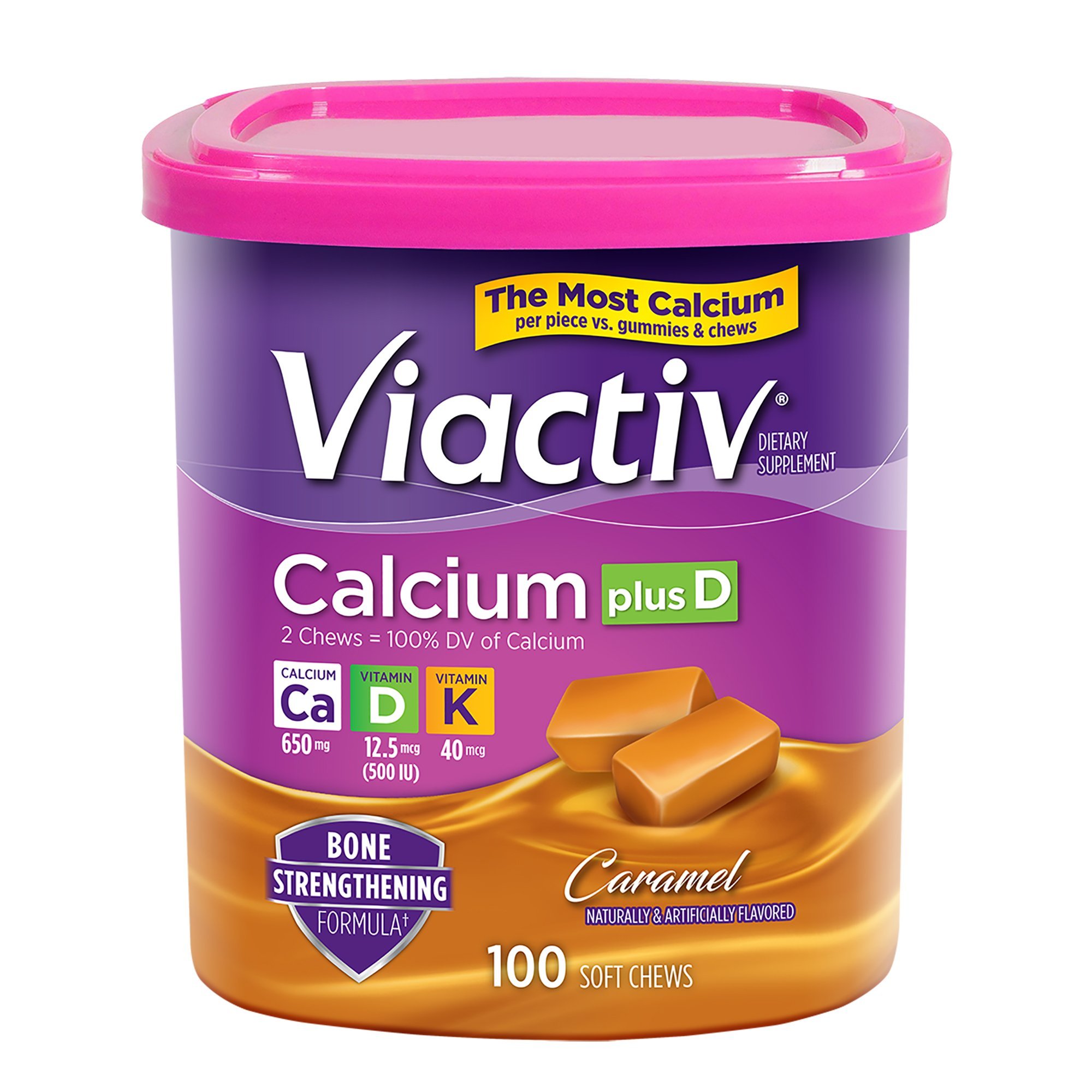 Viactiv Calcium +Vitamin D3 Supplement Soft Chews, Caramel, 100 Chews