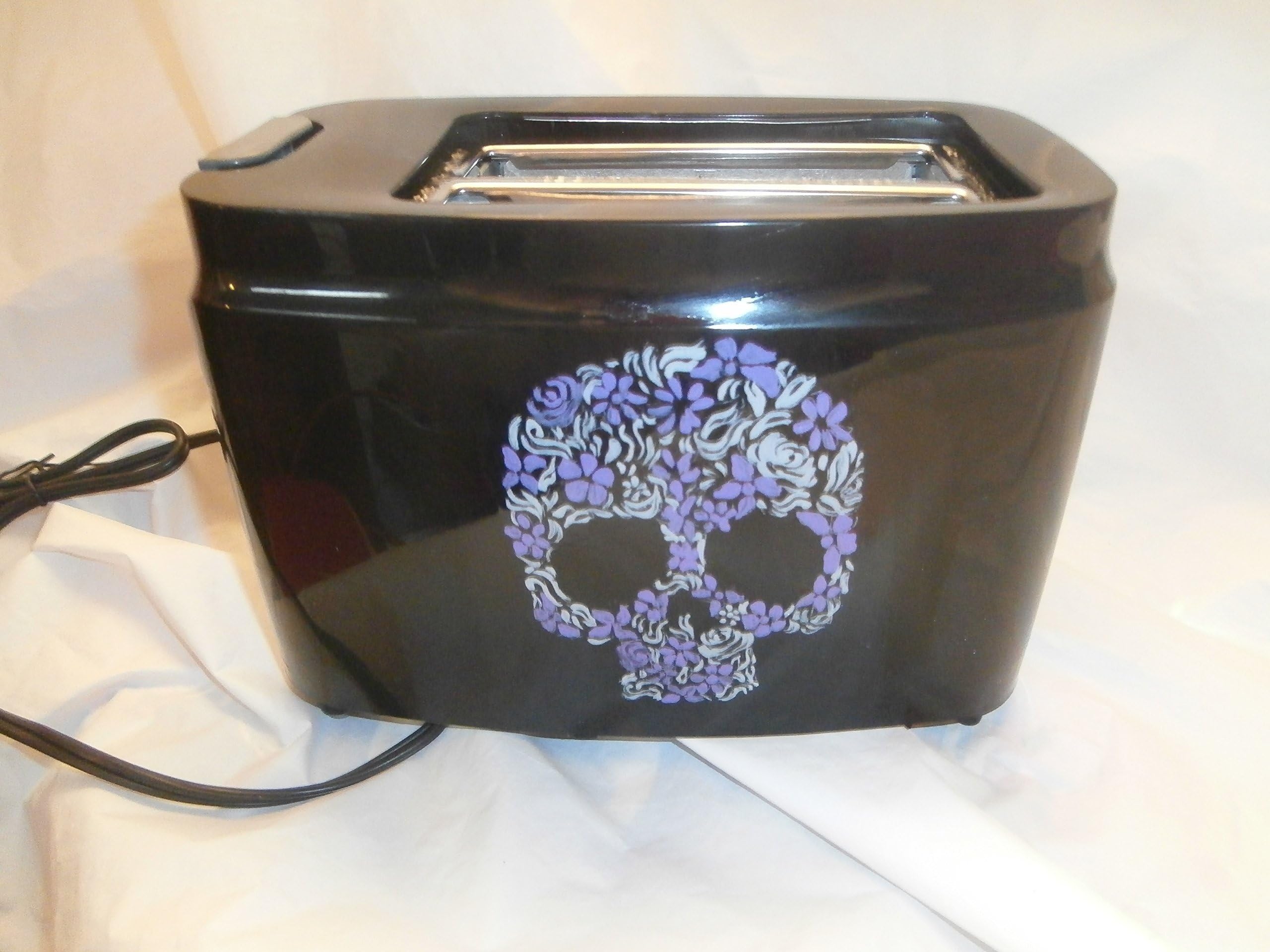 Hand painted black toaster. In fun in gray and purple sugar skull.