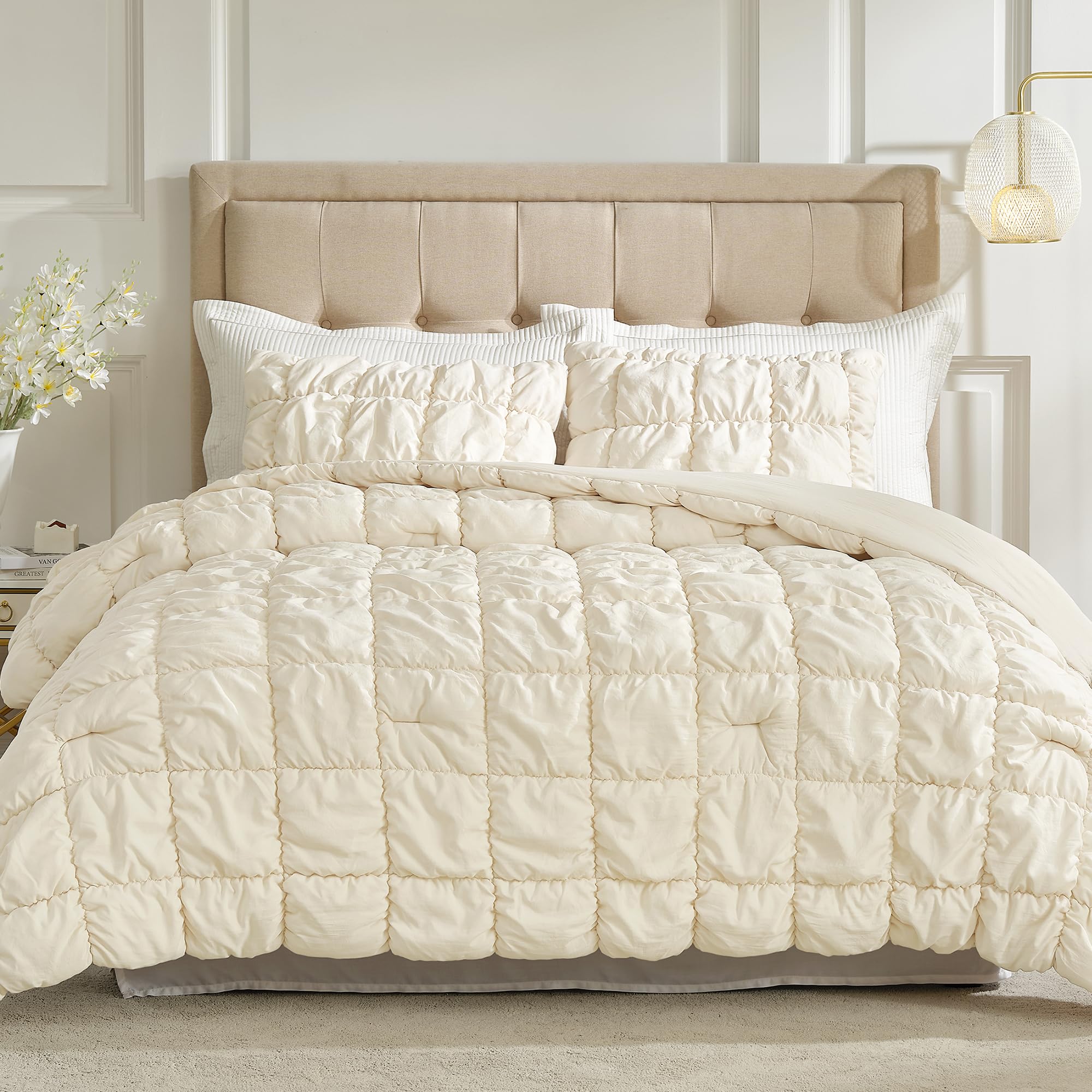 Photo 1 of Amélie Home Beige Bubble Comforter Set Twin, 2 Pieces Ultra Soft Cozy Bedding Set for All Seasons, Farmhouse Luxury Gift for Women Home Decor