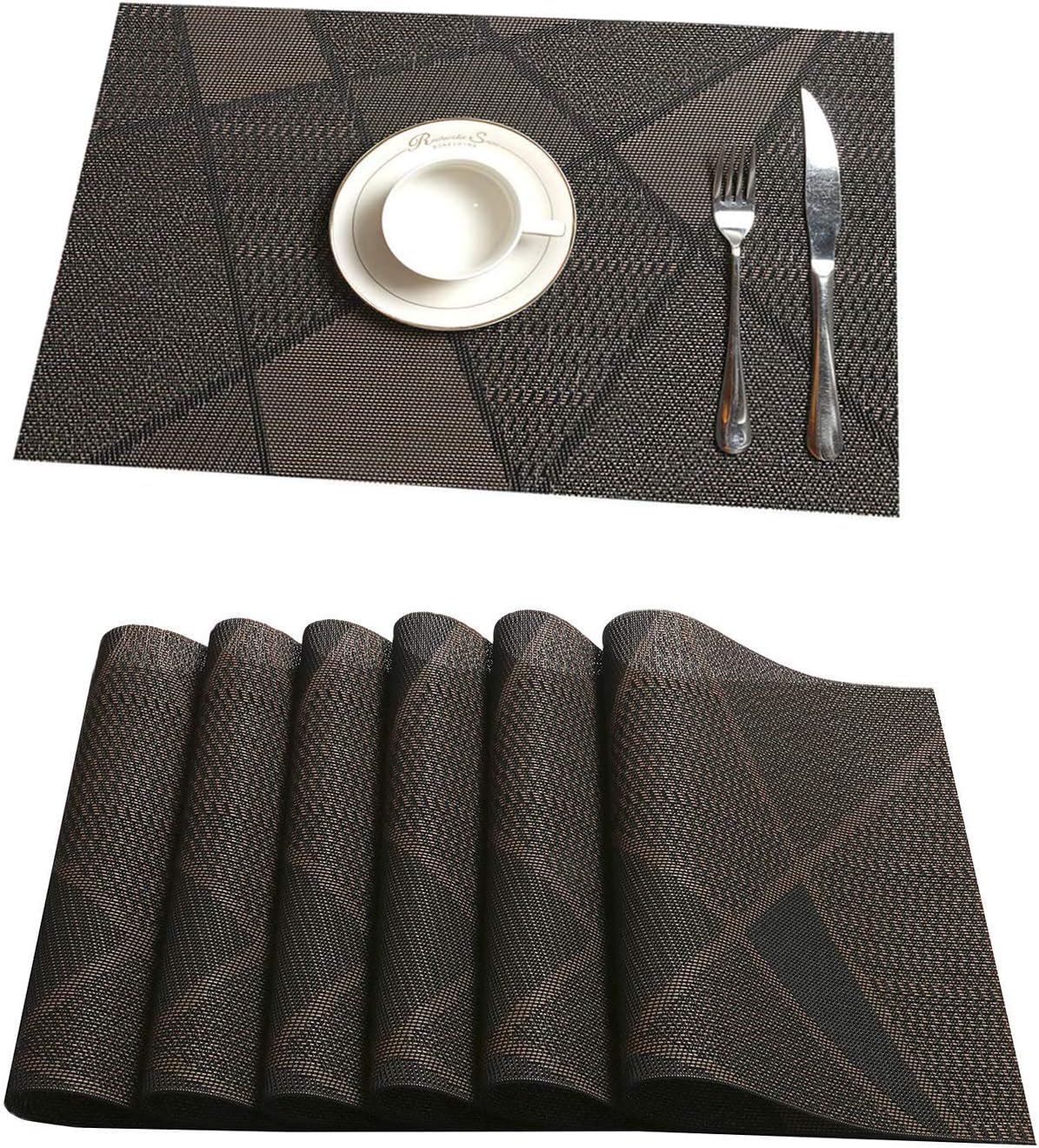 Tennove Placemats Set of 6, Washable Placemats PVC Cross Weave Woven Vinyl Table Mats for Kitchen Dining Table Decoration(Brown-SQG)