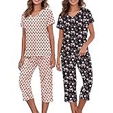 American Trends Womens Pajama Sets Cotton Blend Short Sleeve Sleepwear Soft Capri Pjs for Lounging Two Piece Set S-3XL