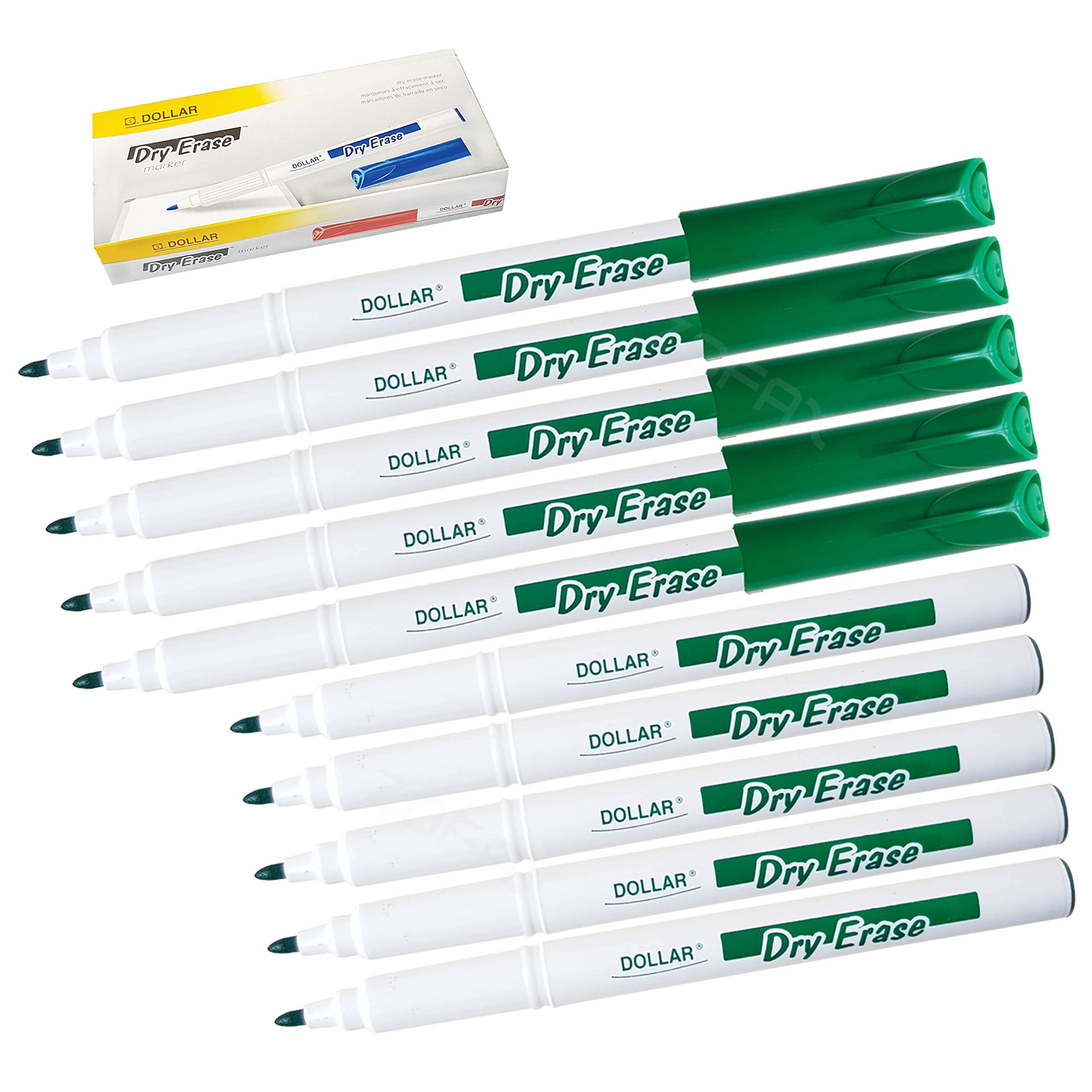 DOLLAR WBS-1.0 Dry Erase Whiteboard Marker Pens, GREEN, Medium Point (1.0 mm), Pack of 10, Bullet Tip, Perfect for Office School Home Everyday Use