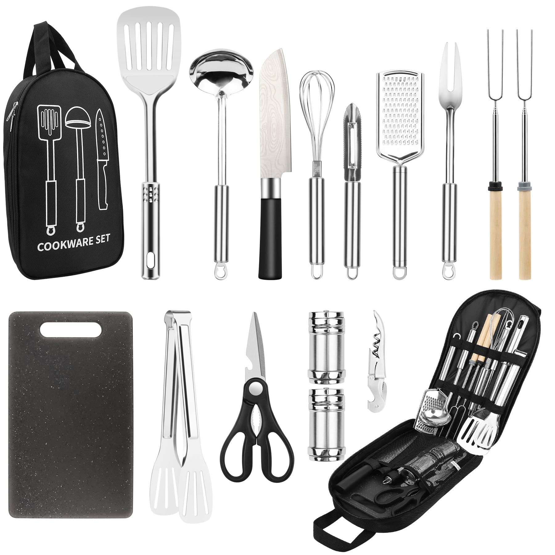 Photo 1 of Camping Cooking Utensils Set, Stainless Steel Grill Tools, Camping BBQ Cookware Gear and Equipment for Travel Tenting RV Van Picnic Portable Kitchen Essentials Accessories (Black-16 PCS)